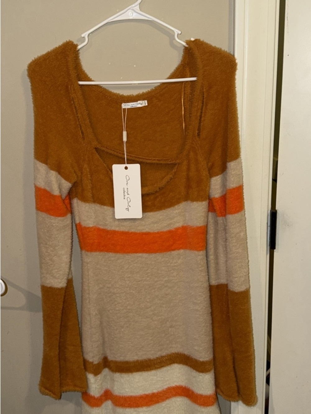 Cozy Striped Scoop-Neck Sweater Dress - Tan, Cream & Orange